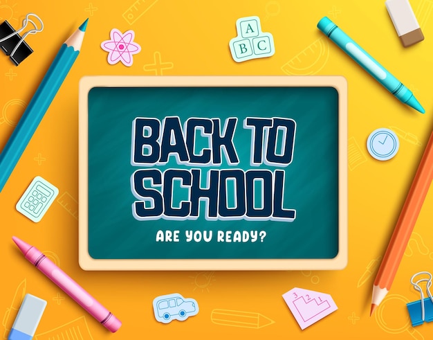 Back to school vector design Back to school text in chalk board with student tools and items