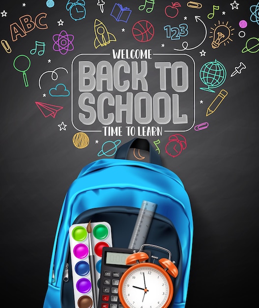 Back to school vector poster design Welcome back to school in doodle hand drawn education elements