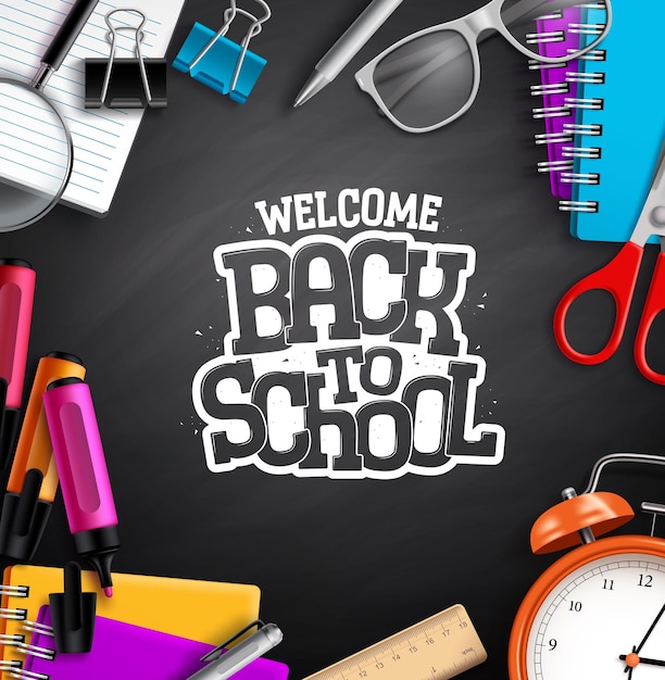 Back to school vector poster design Welcome back to school greeting text in blackboard empty space