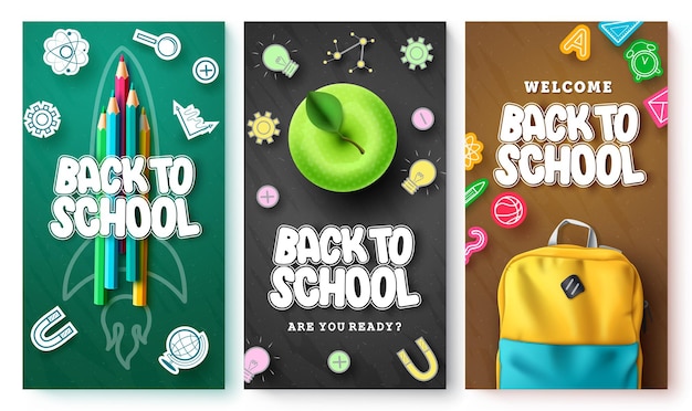 Vector back to school vector poster set back to school text with learning icons and bag elements