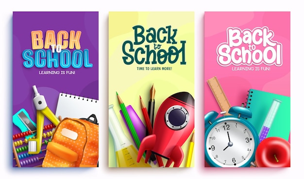 Back to school vector poster set design Back to school text with rocket alarm clock and backpack