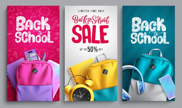 Back to school vector poster set design Back to school text with sale educational items of bags