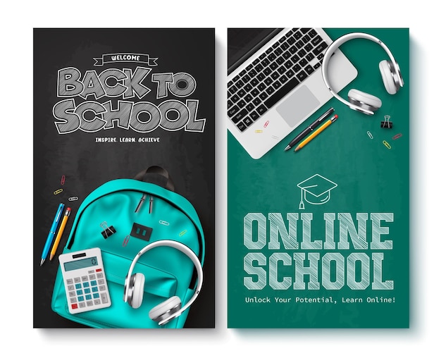 Back to school vector poster set design Online school e learning virtual education and back