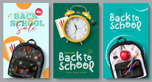 Back to school vector set poster design Back to school sale and greeting text with school bag