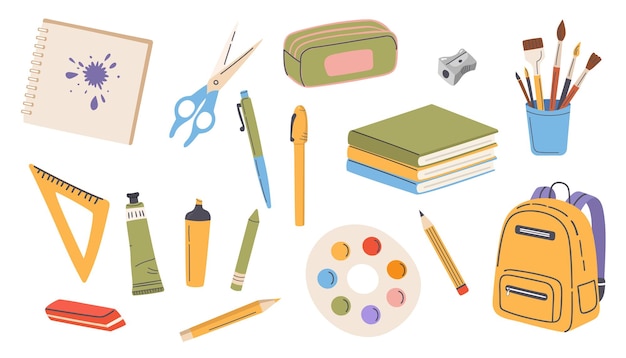 Back to school Vector set of school supplies Cute office supplies hand drawn illustration