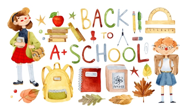 Back to school watercolor elements set isolated