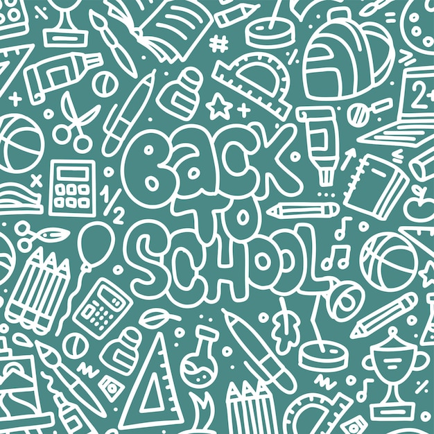 Back to school white chalk style banner chalk doodle gadgets and school stationery supplies on green