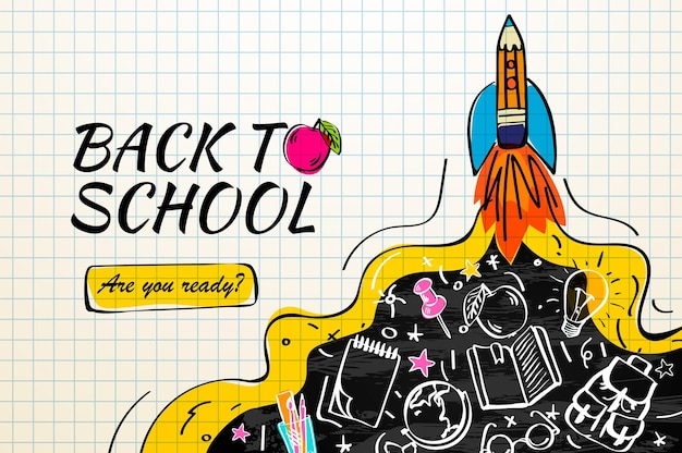 Back to school with rocket and doodles on checkered background Landing page template Vector image