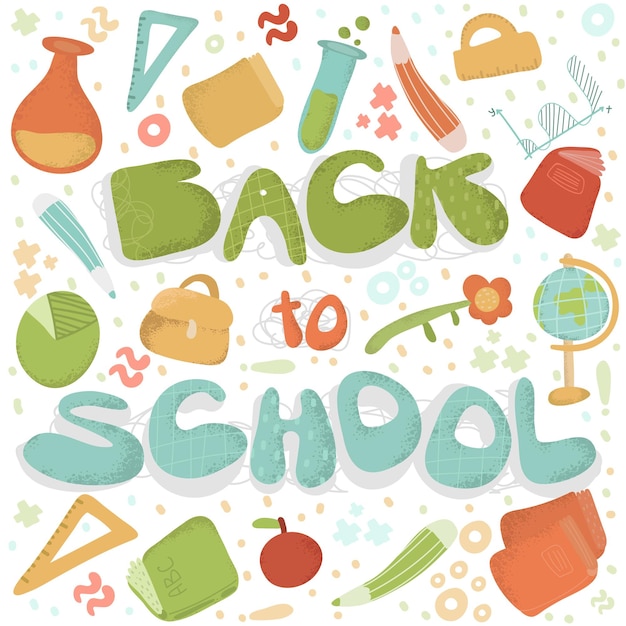 Back to school with school items and elements vector banner design Background Banner with text Backpack and Educational Supplies Pen Pencil school doodle ellement