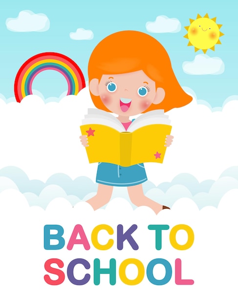 back to school with school kids reading book education concept cartoon happy children background