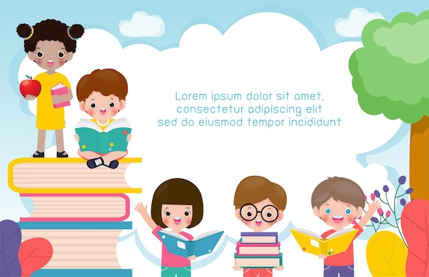 back to school with school kids reading book education concept