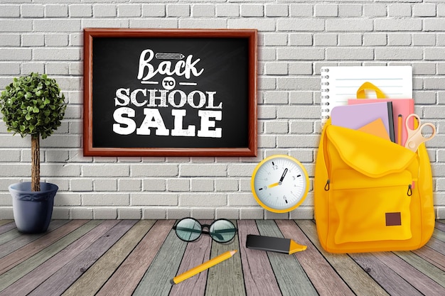 Back to school with stationery on yellow background