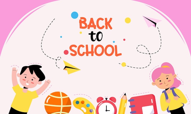 Back to School with Students and Stationery Vector Banner