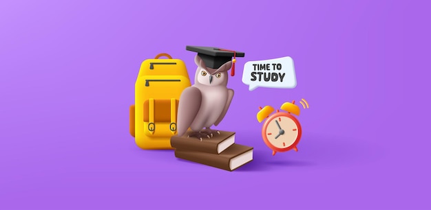 Back to scool banner with 3d illustration of owl in graduation hat sitting on books with backpack and clock and speech bubble education poster