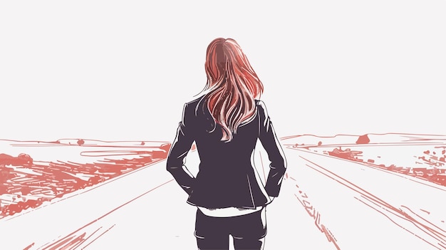 Vector back view of businesswoman standing on road and looking ahead