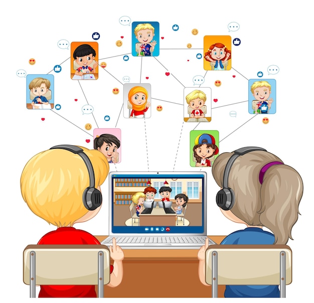 Back view of a couple kid communicate video conference with friends on white background