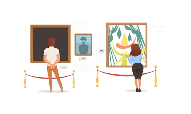 Back View of Exhibition Visitors Viewing Modern Abstract Paintings People Visiting Art Exhibition Gallery Cartoon Style Vector Illustration