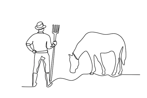 Back view of a farmer with his cow Farmer and cattle oneline drawing