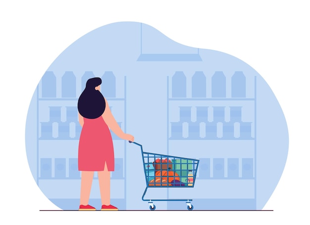 Back view of female customer with shopping cart in grocery shop