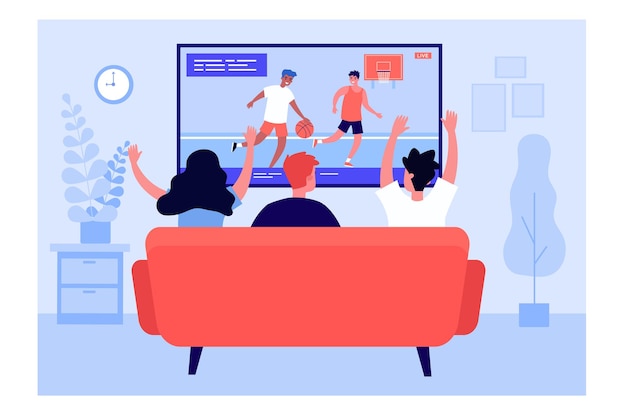 Back view of friends watching basketball on TV. Sofa, home, living room flat vector illustration. Entertainment and sport game concept for banner, website design or landing web page