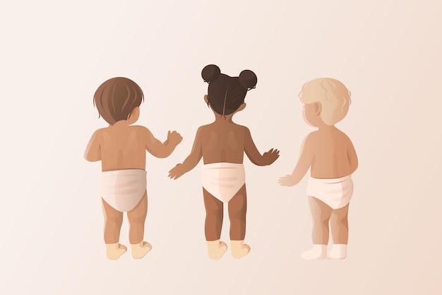 Back view of standing babys in diapers