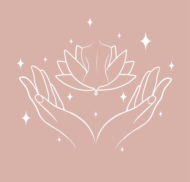 Back of the woman with lotus, holding hands and sparkles