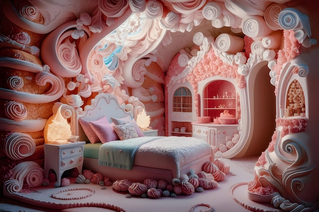 Vector backdrop of candyland inspired pink bed room enchants with its regal decor fit for royalty