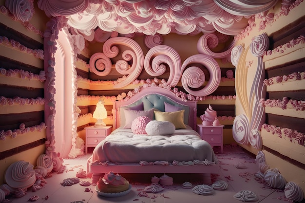 Vector backdrop of candyland inspired pink bed room enchants with its regal decor fit for royalty