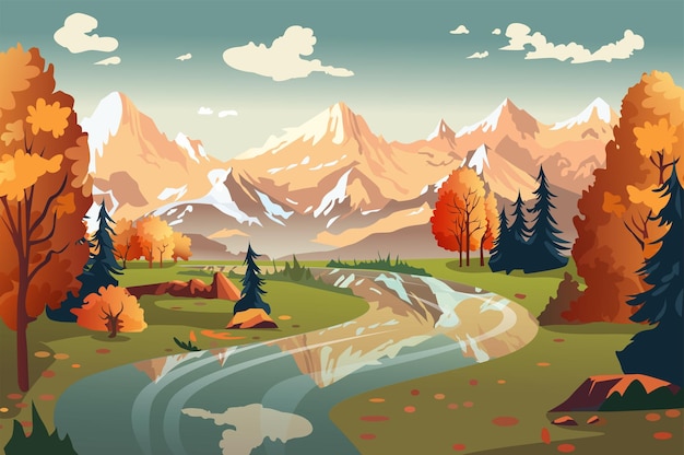 Background autumn in the mountains in the flat cartoon design this illustration of autumn in the