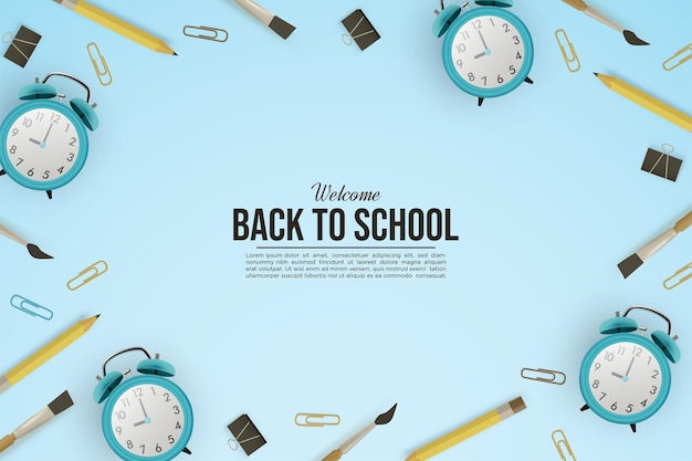 Background back to school with realistic 3d clock