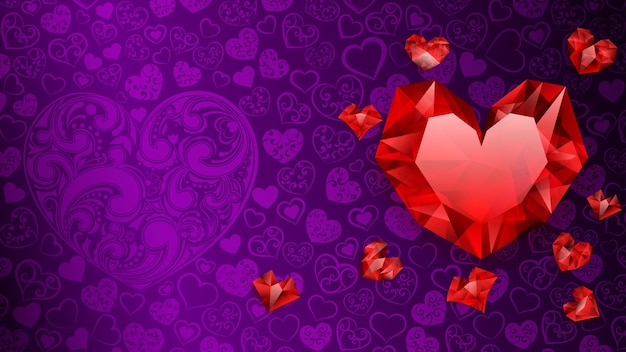 Background of big small and several crystal hearts red on purple Illustration on Valentine Day