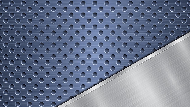 Background of blue perforated metallic surface with holes and angled silver polished plate with a metal texture glares and shiny edges