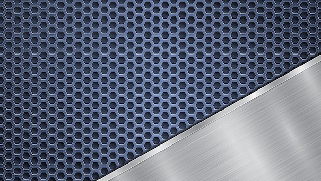 Background of blue perforated metallic surface with holes and angled silver polished plate with a metal texture glares and shiny edges