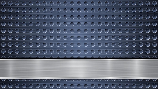 Background of blue perforated metallic surface with holes and horizontal silver polished plate with a metal texture glares and shiny edges