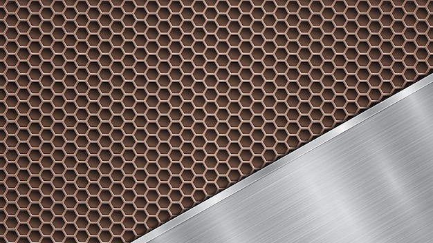 Background of bronze perforated metallic surface with holes and angled silver polished plate with a metal texture glares and shiny edges