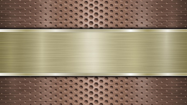 Background of bronze perforated metallic surface with holes and horizontal golden polished plate with a metal texture glares and shiny edges