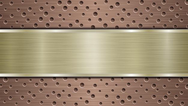 Background of bronze perforated metallic surface with holes and horizontal golden polished plate with a metal texture glares and shiny edges