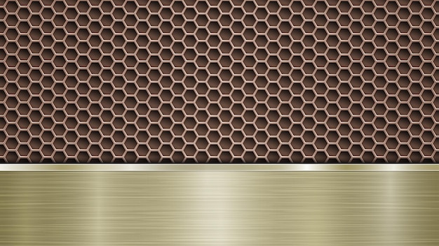 Background of bronze perforated metallic surface with holes and horizontal golden polished plate with a metal texture glares and shiny edges