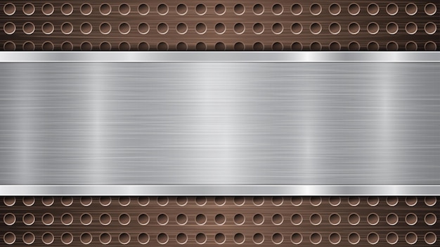 Vector background of bronze perforated metallic surface with holes and horizontal silver polished plate with a metal texture glares and shiny edges