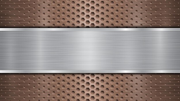 Background of bronze perforated metallic surface with holes and horizontal silver polished plate with a metal texture glares and shiny edges