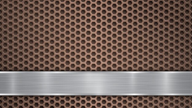 Background of bronze perforated metallic surface with holes and horizontal silver polished plate with a metal texture glares and shiny edges