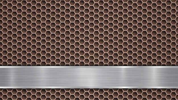 Background of bronze perforated metallic surface with holes and horizontal silver polished plate with a metal texture glares and shiny edges