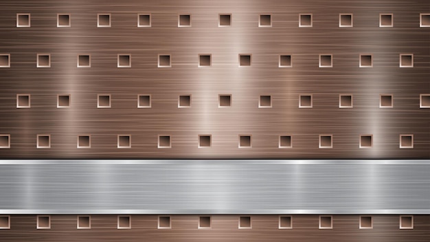 Background of bronze perforated metallic surface with holes and horizontal silver polished plate with a metal texture glares and shiny edges