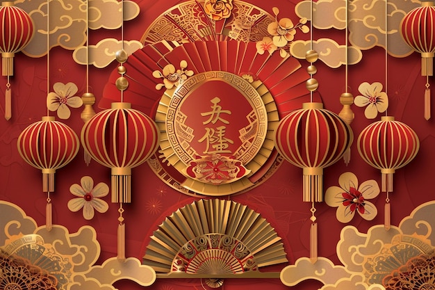 Background Of Chinese New Year With Lanterns Papercut Style