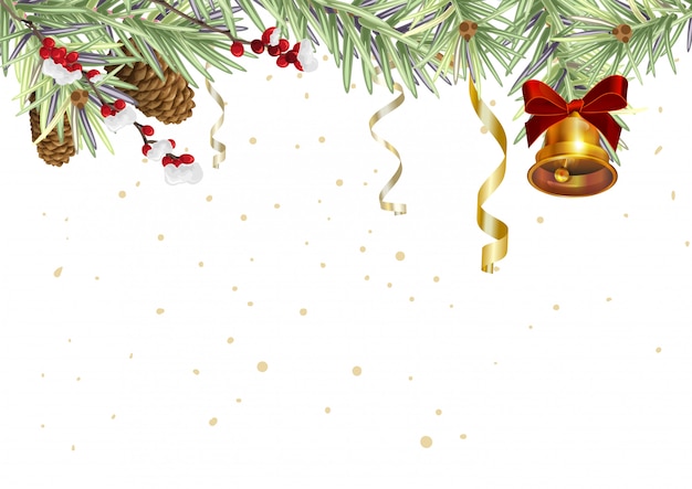 Background for Christmas card. Spruce branches and golden bell