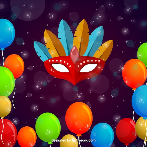 Background of colorful balloons with feather masks