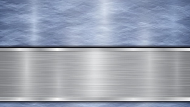 Background consisting of a blue shiny metallic surface and one horizontal polished silver plate located below with a metal texture glares and burnished edges