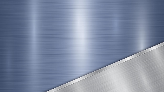 Background consisting of a blue shiny metallic surface and one polished silver plate located in corner with a metal texture glares and burnished edge