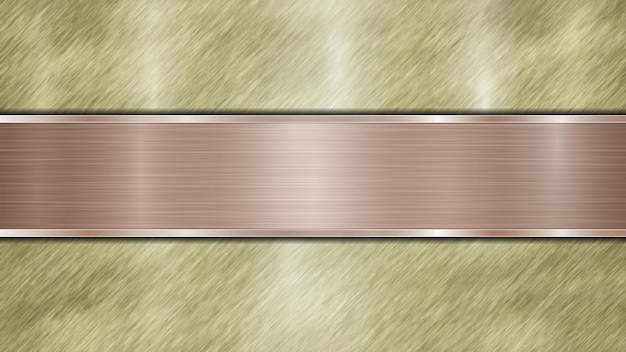 Background consisting of a golden shiny metallic surface and one horizontal polished bronze plate located centrally with a metal texture glares and burnished edges