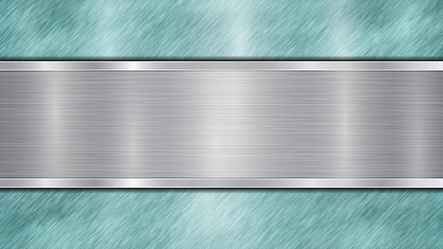 Background consisting of a light blue shiny metallic surface and one horizontal polished silver plate located centrally with a metal texture glares and burnished edges